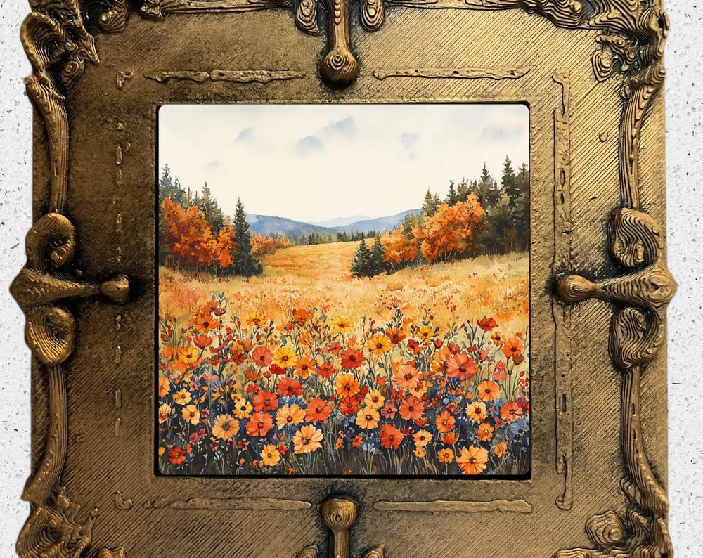 Autumn Flower Field Gold Framed Refrigerator Magnet